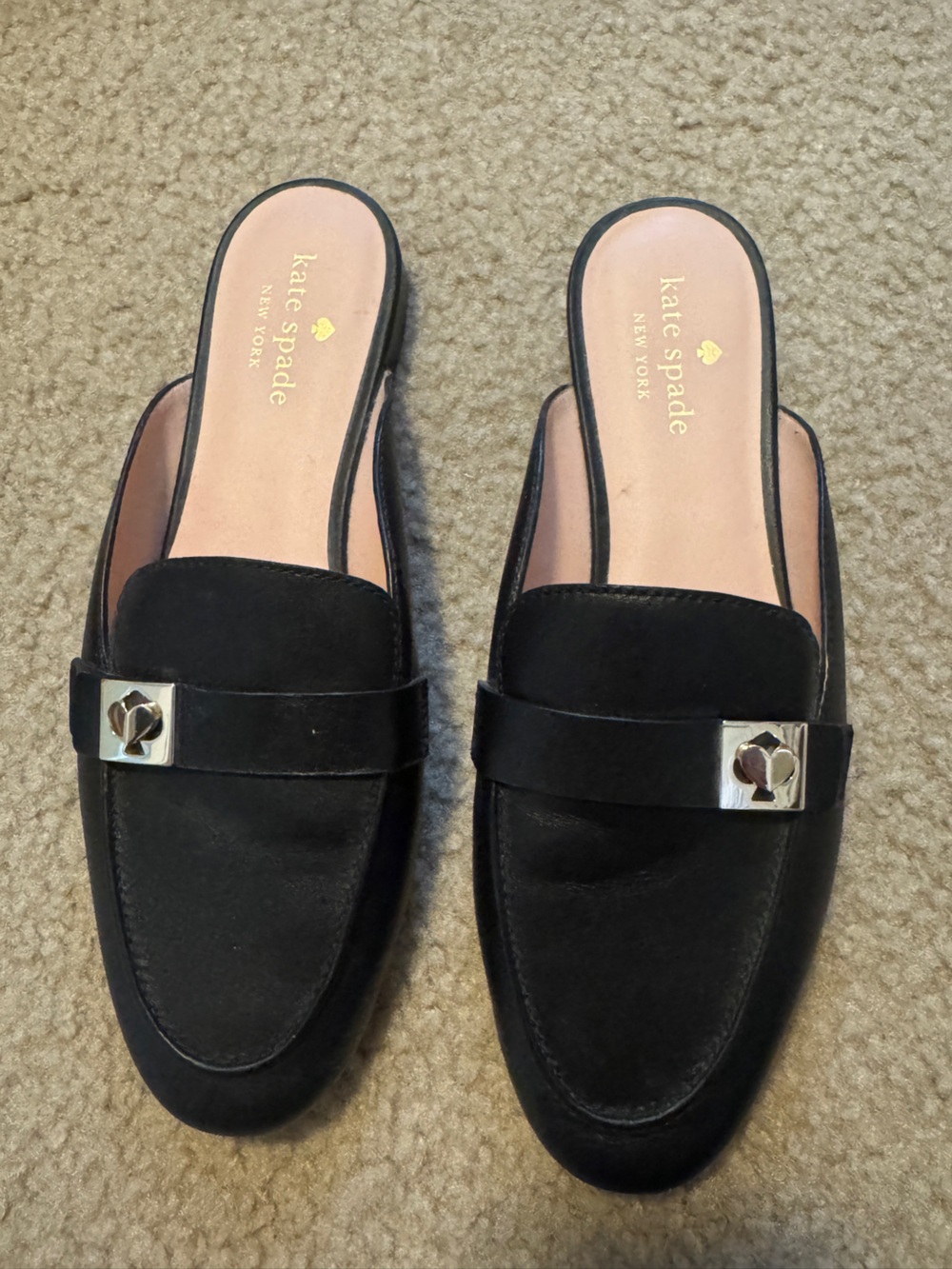 Kate Spade Black Backless Loafers with Gold Accent